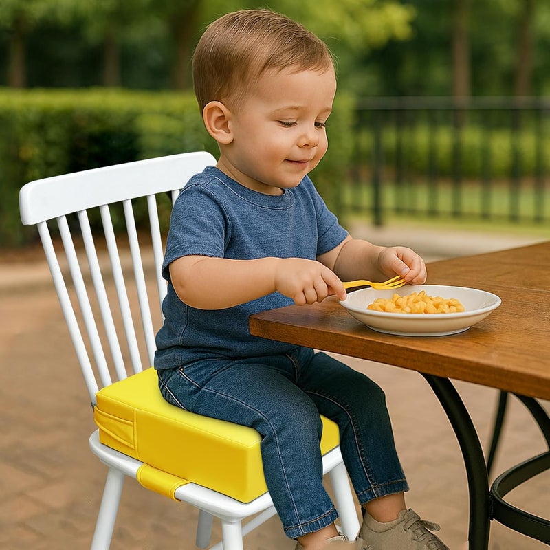 AAAini Toddler Booster Seat for Dining Table – PU Washable Cushion with Double Safe Straps, Non-Slip Bottom, Portable Travel Booster Seat for Toddlers (Yellow) - Image 3